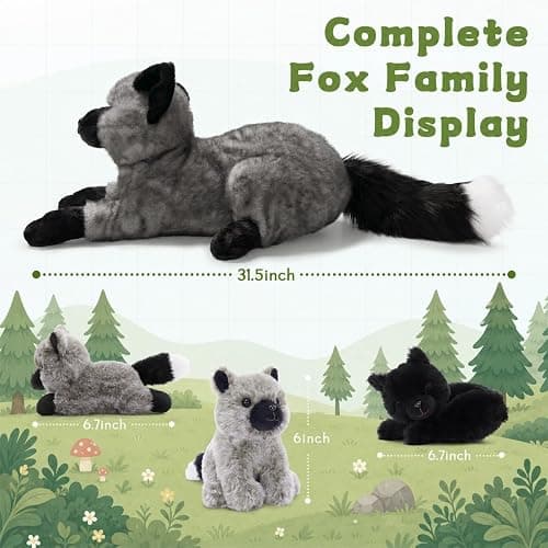 BENINY 4 Pcs Fox Stuffed Animal Set, 22 Inch Mommy Silver Fox with 3 Babies | Mommy gray fox plush set, 3 hidden baby foxes, Zippered tummy design, Soft cuddle companion, Christmas gift for kids thumbnail 2