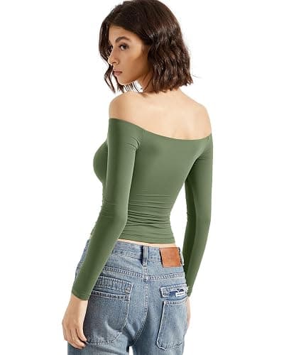 SUUKSESS Women Off Shoulder Double Lined Long Sleeve Shirts Basic Going Out Tops thumbnail 2