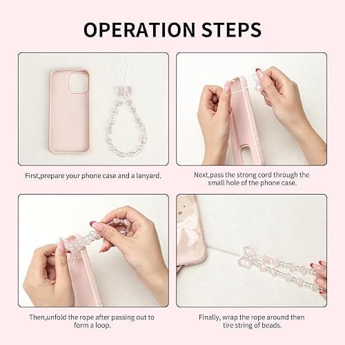 inewateri 2 Pack White & Pink Sparkling Bowknot Love Beaded Chain-Phone Lanyard Set, Multi-Purpose Cellphone Bag Key Accessory, Aesthetic Wrist Strap for Women Girls - Sparkle thumbnail 8