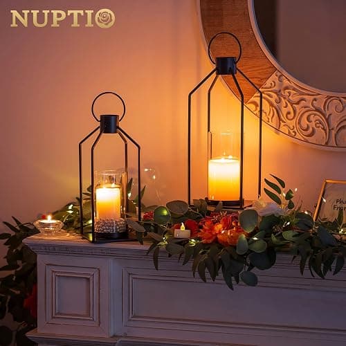 Nuptio Decorative Lantern Candle Holder: 2 Pcs Glass Hurricane Pillar Candles Holders Rustic Black Metal Hanging Lanterns Decor for Outdoor Wedding Farmhouse Home Fireplace Christmas Halloween thumbnail 2