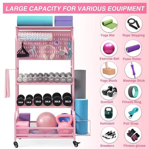 56'' Taller Home Gym Storage Organizer, Yoga Mat Storage Rack with Hanging Board, Exercise Workout Equipment Storage Stand for Home Gym, Dumbbell Holder Kettlebell Rack with Wheels and Hooks thumbnail 3