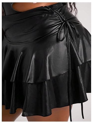 BEAUDRM Women's Plus Size PU Leather Layered Ruffle Skirt Drawstring High Waist Party Rave Concert Mini Skirts thumbnail 3