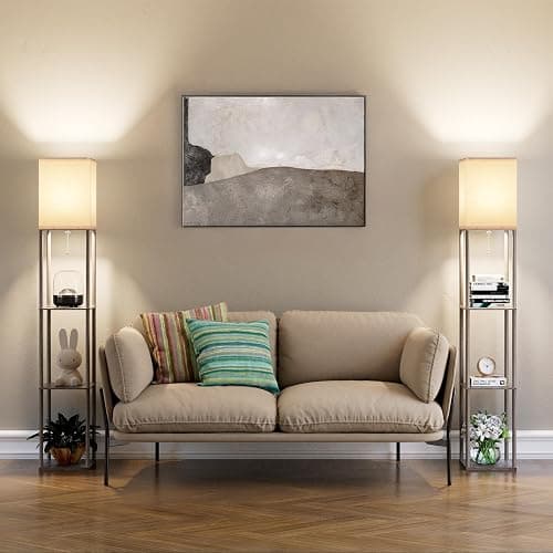 Floor Lamp with Shelves for Living Room 2 Pack Oak Gray, Shelf Floor Lamp with 3 CCT LED Bulb, Corner Display Standing Column Lamp Etagere Organizer Tower Nightstand with White Linen Shade for Bedroom thumbnail 7
