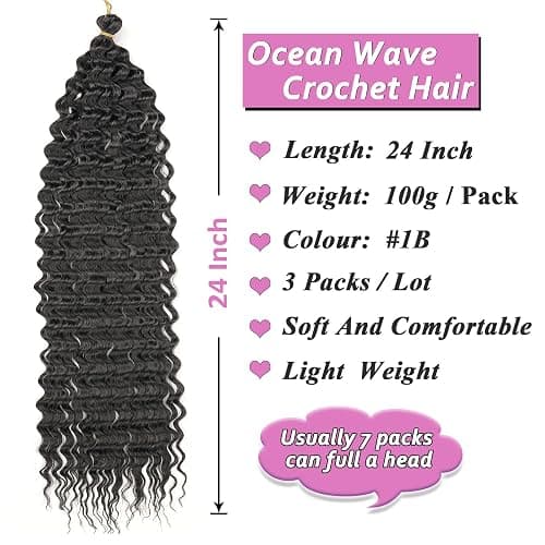 Samtress Ocean Wave Crochet Hair 24 Inch Curly Braiding Hair 3 Packs Deep Wave Crochet Hair Natural Black Wet and Wavy Braiding Hair For Boho Braids Hair Extensions (#1B) thumbnail 2