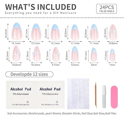 Blue French Tip Almond Press On Nails with Glue, Acrylic Butterfly Pearl Fake Nails for Women, Elegant Handmade 3D Stick On Nails, 24Pcs Reusable Medium Length False Nails for Wedding Party Daily thumbnail 6