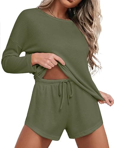 Ekouaer Womens Waffle Knit Pajama Sets Long Sleeve Top and Shorts Matching Lounge Set Loungewear Sweatsuit with Pockets - Image 1