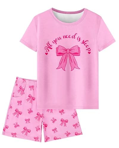 Sylfairy Girls Pajamas Sets Short Sleeve Summer Pjs for Girls Bow Sleepwear Kids Clothes Sets Size 3-16 - Image 1