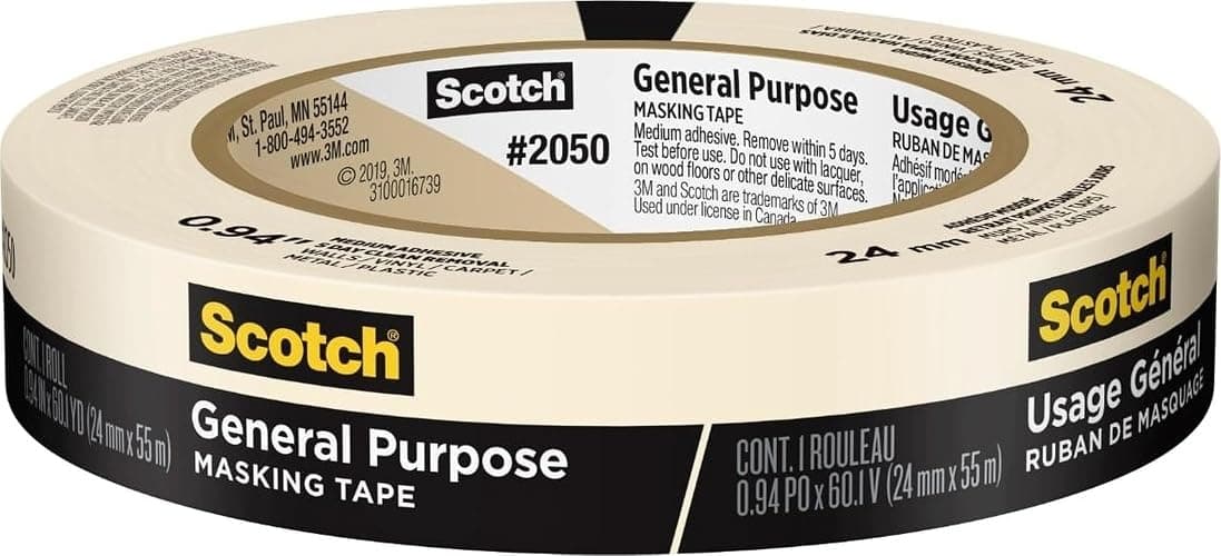 Scotch General Purpose Masking Tape, 1 Inch Wide, 1 Roll, 2050 | 0.94 in x 60 yd, Sticks for Up to 5 Days, Removes Easily Without Leaving Sticky Residue, Easy-to-Tear Masking Tape - Image 1