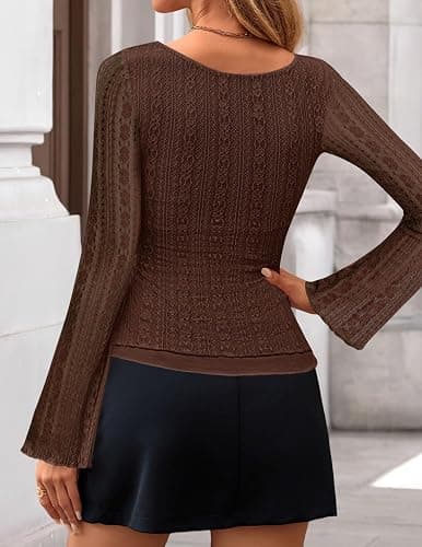 ZESICA Womens 2026 Spring Summer Lace Mesh Sleeve Tops Going Out Double Lined Slim Fit Asymmetrical Shirts Date Night Outfit thumbnail 5