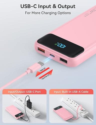 Portable Charger, 10000mAh 22.5W Fast Charging Power Bank with 4 Built-in Cables, Travel Essentials Battery Pack with LED Display, 6 Outputs Charging Bank Compatible with iPhone, iPad, Samsung Pink thumbnail 6