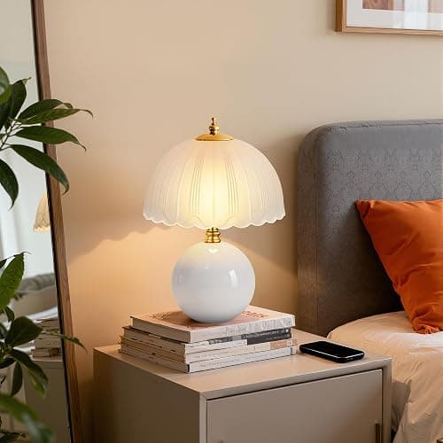 PARTPHONER Mushroom Table Lamp, Ceramic Bedside Lamp with Glass Shade, 3-Way Lighting (2700K-5000K) Rocker Switch, Small Nightstand Lamp for Bedroom, Living Room, Office, White thumbnail 8