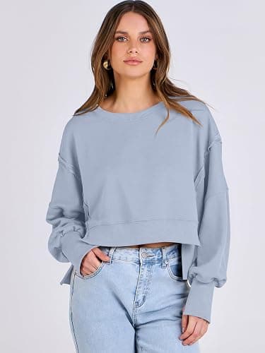ANRABESS Womens Cropped Sweatshirts Oversized Crewneck Long Sleeve Tops 2026 Spring Winter Loose Pullover Teen Girls Clothes thumbnail 2