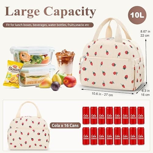 KUBYA Lunch Box for Women, Cute Strawberry Corduroy Insulated Lunch Bag Women Reusable Work Leakproof Simple Adults Large Lunch Boxes Tote Bag Men Cooler Bag thumbnail 2