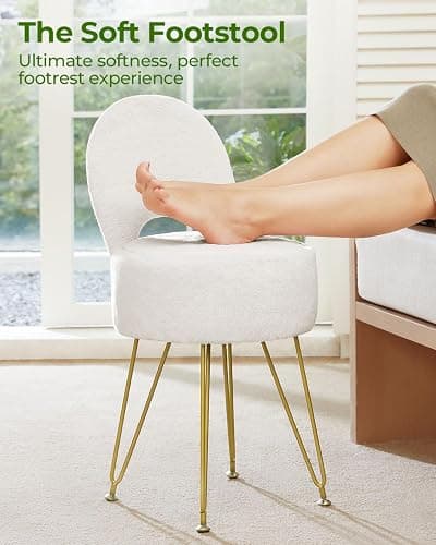 GREENSTELL Small Vanity Stool Chair with Storage and Folding Back, 13" x 13" x 17.7" Faux Fur Soft Ottoman for Teenager, 4 Metal Legs with Anti-Slip Feet, Furry Padded Seat for Makeup, Bedroom, White thumbnail 6