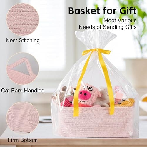 OIAHOMY Woven Basket, Gift Basket Empty with Gift Bags and Ribbons, Rope Baskets for Baby Showers, Storage Baskets with Handles for Nursery, Pet Toy Organizer - Mixed Pink thumbnail 4