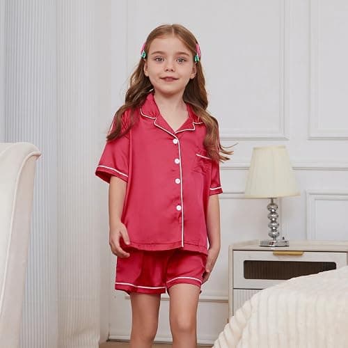 QPANCY Kids Satin Pajamas Sets Baby Boy Girl Button-Down Silk Sleepwear 2 Piece Short Sleeve Loungewear Clothes Set thumbnail 3