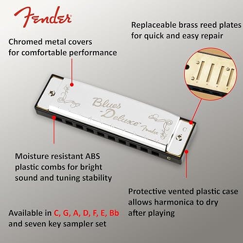 Fender Blues Deluxe Harmonica - Key of C Bundle with Carrying Case, Austin Bazaar Online Manual, and Polishing Cloth thumbnail 4