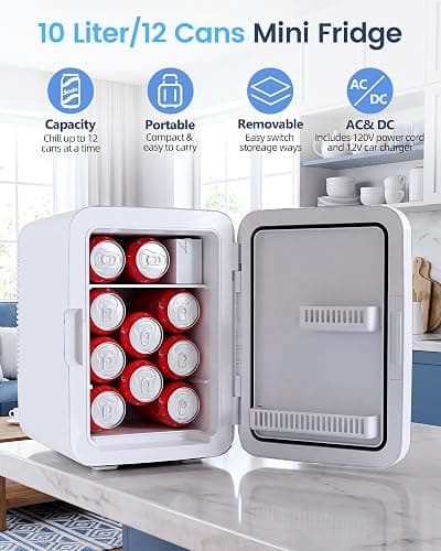 Electactic 10L Compact Mini Fridge, Portable Small Refrigerator, Small Cosmetics Cooler, 2.6 Gal Mini Fridge with AC/DC Adapters for Beverage, Food, Makeup, Bedroom, Office, Dorm, White thumbnail 2