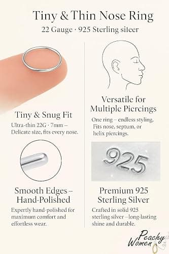 Silver Nose RIng - Tiny Dainty 22 Gauge 7mm Nose Piercing Hoop - Small Thin 925 Sterling Silver Nose Rings For Women - Handmade Nose Hoops Jewelry - Gift Ready thumbnail 2