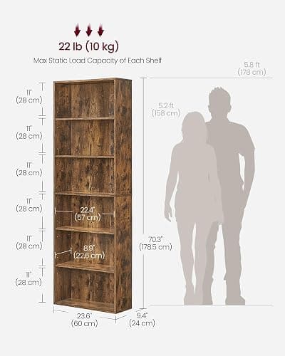 VASAGLE Bookcase, 6-Tier Bookshelf, Open Storage Shelf, Shelving Unit, 24 x 60 x 178.5 cm, for Living Room, Home Office, Dinning Room, Rustic Brown LBC169K01 thumbnail 3