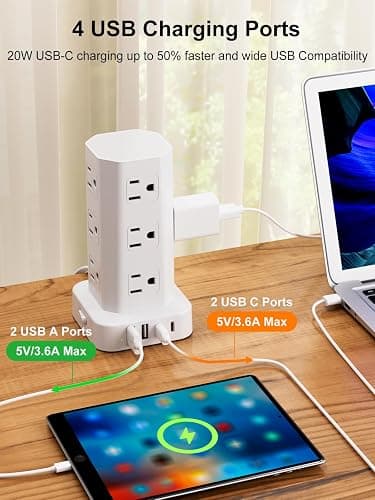 Power Strip Tower Surge Protector, 6FT Flat Plug Extension Cord with Multiple Outlets, 12 AC Outlets 4 USB (2 USB C), Desktop Charging Station with Surge Protection for Home Office Dorm Room, White thumbnail 4
