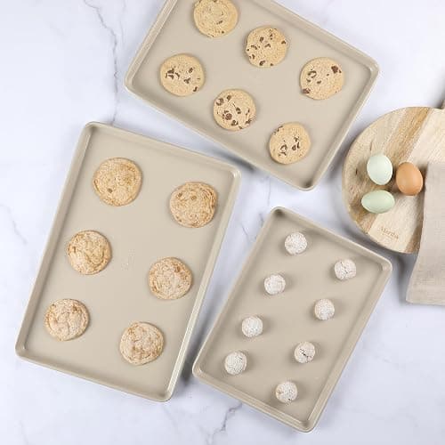 Martha Stewart Gallen 3-Piece Cookie Sheet Set – 13", 15", 17" Baking Pans, Ceramic Nonstick, PFA-Free, Carbon Steel – Oven Safe to 450°F, Warp-Resistant, Easy to Clean - Taupe thumbnail 2