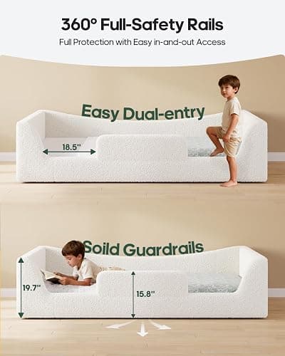 HAUOMS Full Floor Bed, Low Montessori 2-in-1 Convertible Beds, with Slats and High Rails, Upholstered Teddy Boucle, Curve Round Frame for Girls and Boys, No Box Spring Needed, Easy Assemble, Beige thumbnail 4