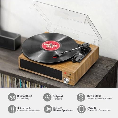 Plattenspieler, FYDEE Vinyl Plattenspieler Bluetooth, Schallplattenspieler Vintage Turntable mit Eingebauter Stereo-Lautsprecher, 3-Gang 33/45/78 U/min, RCA Ausgang, AUX-Eingang, Holzfarbe thumbnail 2