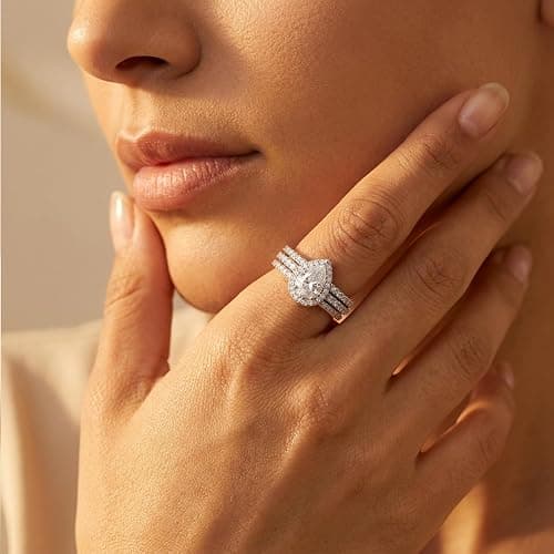 MDFUN 18K White Gold Plated 3-in-1 Halo CZ Engagement Wedding Rings Women | Round,Oval,Pear,Marquise Cut Cubic Zirconia Rings for Women; Stackable Bridal Ring Set thumbnail 4