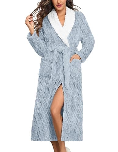 Ekouaer Women's Robe Long Plush Soft Bathrobe Jacquard Color Block Robes Shawl Collar Sleepwear with Pockets S-XXL - Image 1
