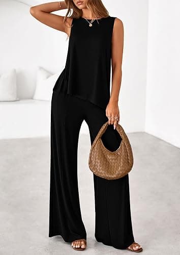 PRETTYGARDEN Women's 2026 Two Piece Matching Lounge Sets Asymmetrical Split Tank Tops Wide Leg Pants Summer Outfits Tracksuit thumbnail 3