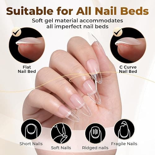 UNA GELLA Almond Gel Nail Tips, 504PCS Pre Etched Clear Fake Nails Tips Medium Almond Shape - 12 Sizes Full Cover Soft Acrylic Press On Nail Extensions No C Curve Gift for Diy at Home thumbnail 4
