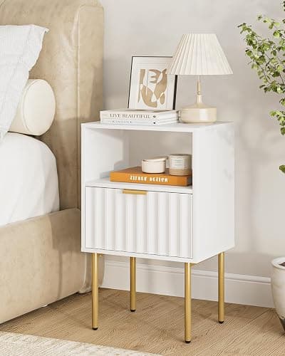 AEPOALUA Nightstand,Modern Bedside Table with Gold Frame,White Night Stand,Bedside Furniture, Modern Side Table with Drawer and Shelf for Bedroom,Living Room (White) - Image 1