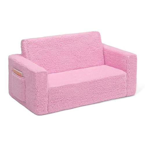 Delta Children Cozee Flip-Out Sherpa 2-in-1 Convertible Sofa to Lounger for Kids, Pink thumbnail 7
