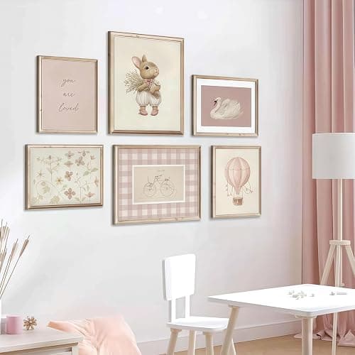 Vintage Girl Nursery Wall Art Decor Set of 6 Retro Pink Bunny Canvas Wall Decor Baby Girl Room Poster Nursery Animal Floral Prints Cute Rabbit Picture Kids Swan Flower Painting Artwork for Girls Room Bedroom Home Decor 8x10 Unframed thumbnail 3