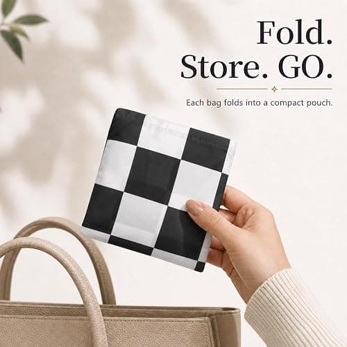 Ralxion Checkered Reusable Grocery Shopping Bags 4 Packs, Cute Checkerboard Foldable Kitchen Large Nano Tote Bags thumbnail 5