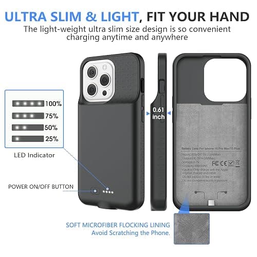 GIN FOXI Battery Case for iPhone 15 Pro Max/15 Plus, 15W Fast Charging Battery Charger Case Rechargeable Real 8000mAh Ultra-Slim Anti-Fall Protection Extended Charger for iPhone 15ProMax&15Plus(6.7") - for iPhone 15 pro max/plus - Black thumbnail 9