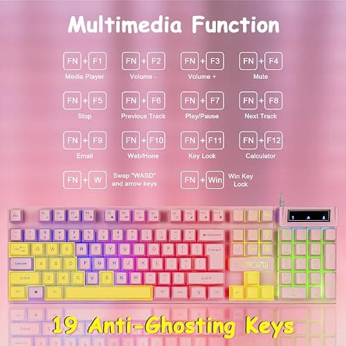 CHONCHOW Pink Gaming Keyboard and Mouse Combo with LED, 104 Keys Wired Light Up Pink Keyboard and Cute Mouse Set for PC Laptop Computer PS4 Xbox, 19 Keys Anti-ghosting, Multimedia Keys, Number Pad thumbnail 4