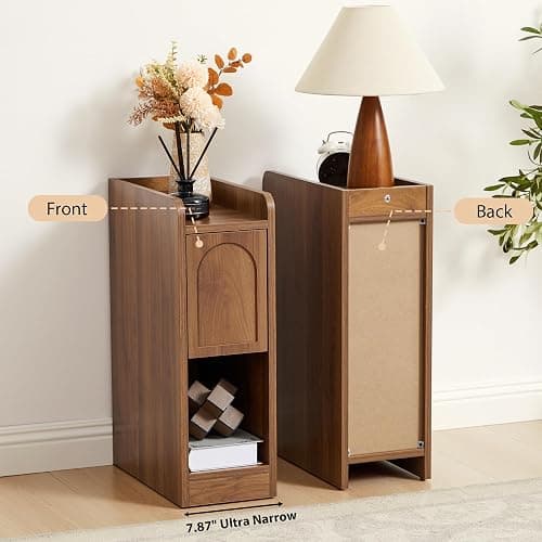 Narrow Nightstand, Slim Bedside Table with Raised Edge Top, Arched Drawer & Open Shelf, Modern Wooden Small Side End Table for Bedroom or Living Room (1, Walnut) thumbnail 5