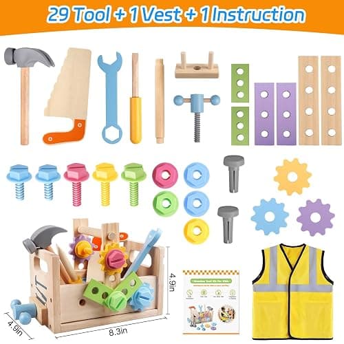 Aliex Wooden Kids Tool Set, 30pcs Toy Tools for Toddlers with Vest, Tool Kit Toddler Montessori Stem Learning Educational Toys for 3 4 5 Years Old Boys Girls, Birthday Gift for Kids thumbnail 6