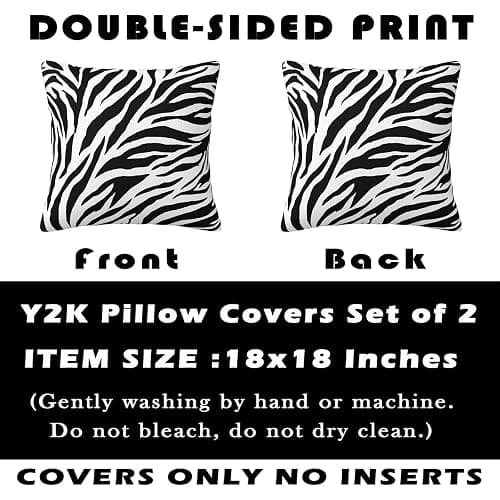 Pecfamly Black and White Y2K Zebra Print Pillow Cover, Aesthetic Mcbling 2000S Y2K Baddie Scene Room Bedroom Decor for Teen Girls (18"X18", Set of 2, No Inserts) thumbnail 7