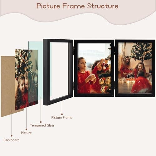 Space Art Deco Triple 4x6 Picture Frame, 3 4x6 Folding Photo Frame, Standing Vertically on Desktop or Tabletop, Home Decorative Christmas Holiday Gift, Black thumbnail 7