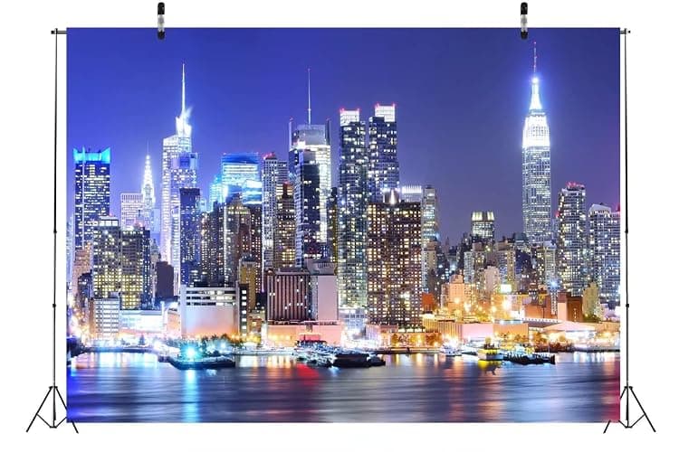 BELECO 7x5ft Fabric New York City Backdrop Manhattan Skyscraper Night View NYC Skyline Background Wallpaper New York Theme Party Decorations Artistic Portrait Shoot Photo Studio Props thumbnail 4