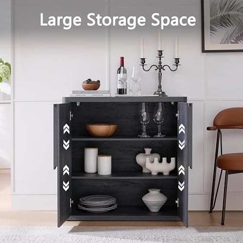 NOWABAY 34.5'' Sideboard Buffet Cabinet W/Storage, Modern Accent Cabinets W/Curved Handles & Adjustable Shelves, 4 Doors Coffee Bar Buffet Table Credenza for Living Room Kitchen Hallway, Dark Grey thumbnail 4
