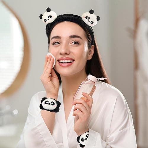 JazSwirl Spa Headband Wrist Bands for Washing Face, 3 Pcs Black White Panda Face Wash Headbands, Kawaii Panda Headband with Arm Bands, Cute Animal Spa Makeup Skincare Headbands with Wristbands thumbnail 5