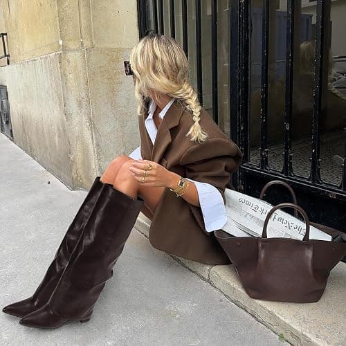 Dsevht Black Leather Knee High Boots for Women Fold Over Chunky High Heel Pull on Pointed Toe Tall Long Dress Going Out Boot for Women thumbnail 3