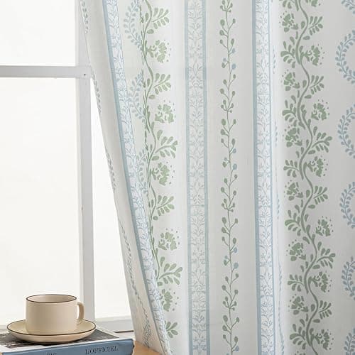 Light Blue Green Floral Vintage Curtains, Cute Whimsical Shabby Chic Curtain for Living Room Bedroom, Block Print Pattern Linen Sheer French Country Cottage Core Curtains thumbnail 3