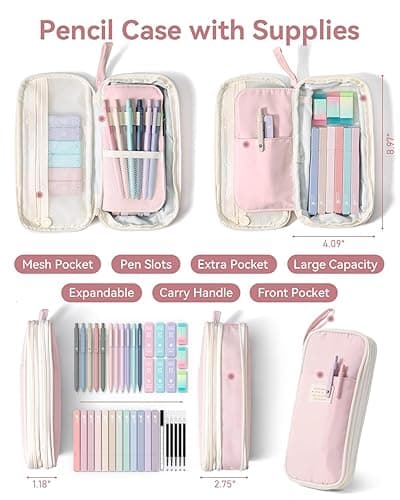 Four Candies 39 PCS Aesthetic School Supplies with Cute Pen Case, 12 Pastel Highlighters, 5 Black Ink Gel Pens, 6 Mechanical Pencils Set for Students Stationary College Essentials (Pink) thumbnail 2