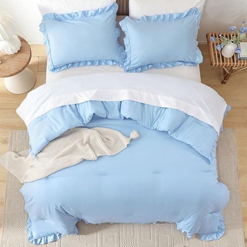 JANZAA Ruffle Light Blue Comforter Set Queen Size Comforter 3PCS 1 Emerald Comforter and 2 Pillowcases Vintage Farmhouse Shabby Chic Bedding Soft Fluffy Comforter Set All Season (Light Blue, Queen) thumbnail 8