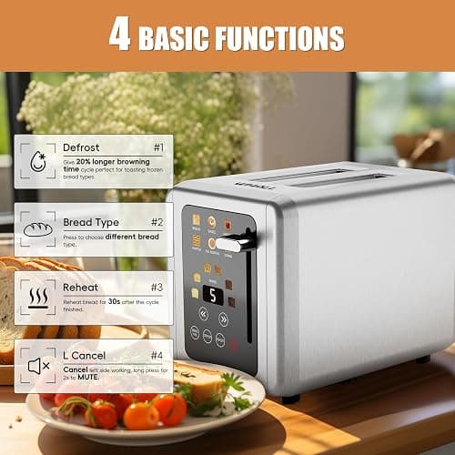 WHALL Touch Screen Toaster 2 Slice,Smart Digital Toaster with 1.5" Wide Slots,6 Shade Settings & 6 Bread Types,Memory Function,Countdown Timer,Brushed Stainless,Ideal Kitchen Gift & Essential thumbnail 4